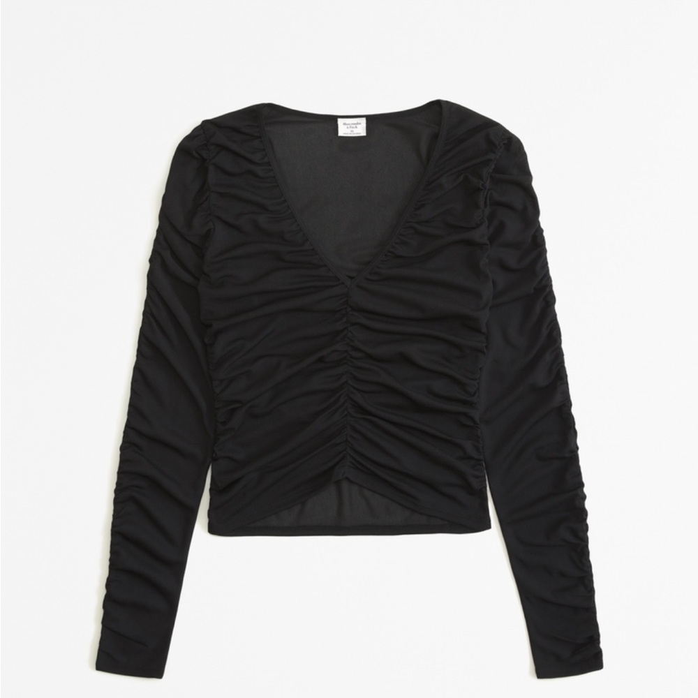 Long-Sleeve Mesh Ruched Top